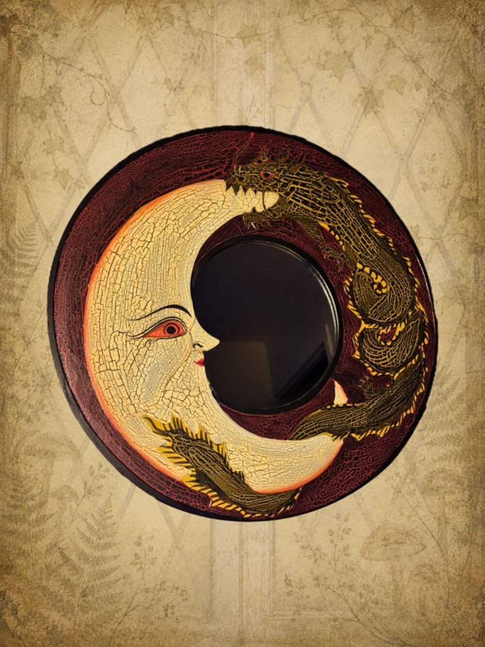 Beyond Midnight 🦉🧚‍♂️ Vintage Wooden Moon & Dragon Wall Mirror 15.5"